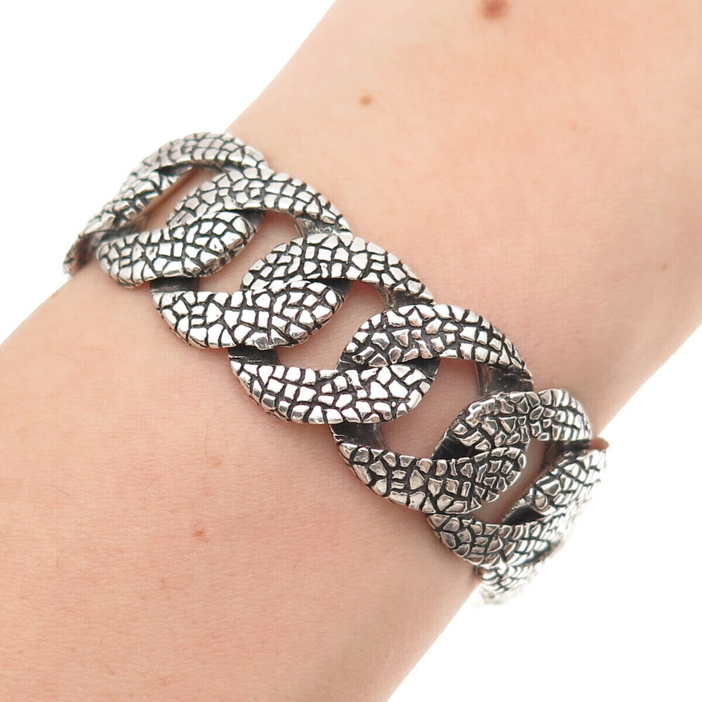 925 Sterling Silver Vintage Dragon Skin Oxidized Cuban Link Bracelet 8.5"